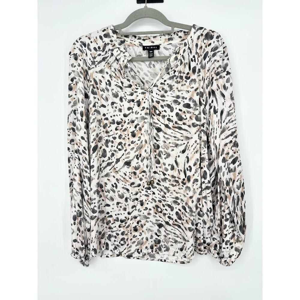 Tribal Medium Women's Tunic‎ Top Animal Print Flowy Boho Beaded Tassel Career